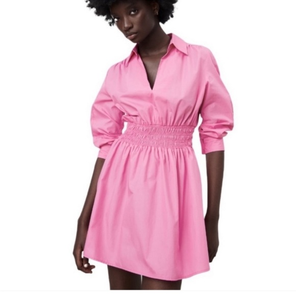 Zara collard v neck pink mini dress — smocked waist long sleeves skater dress - Picture 12 of 15